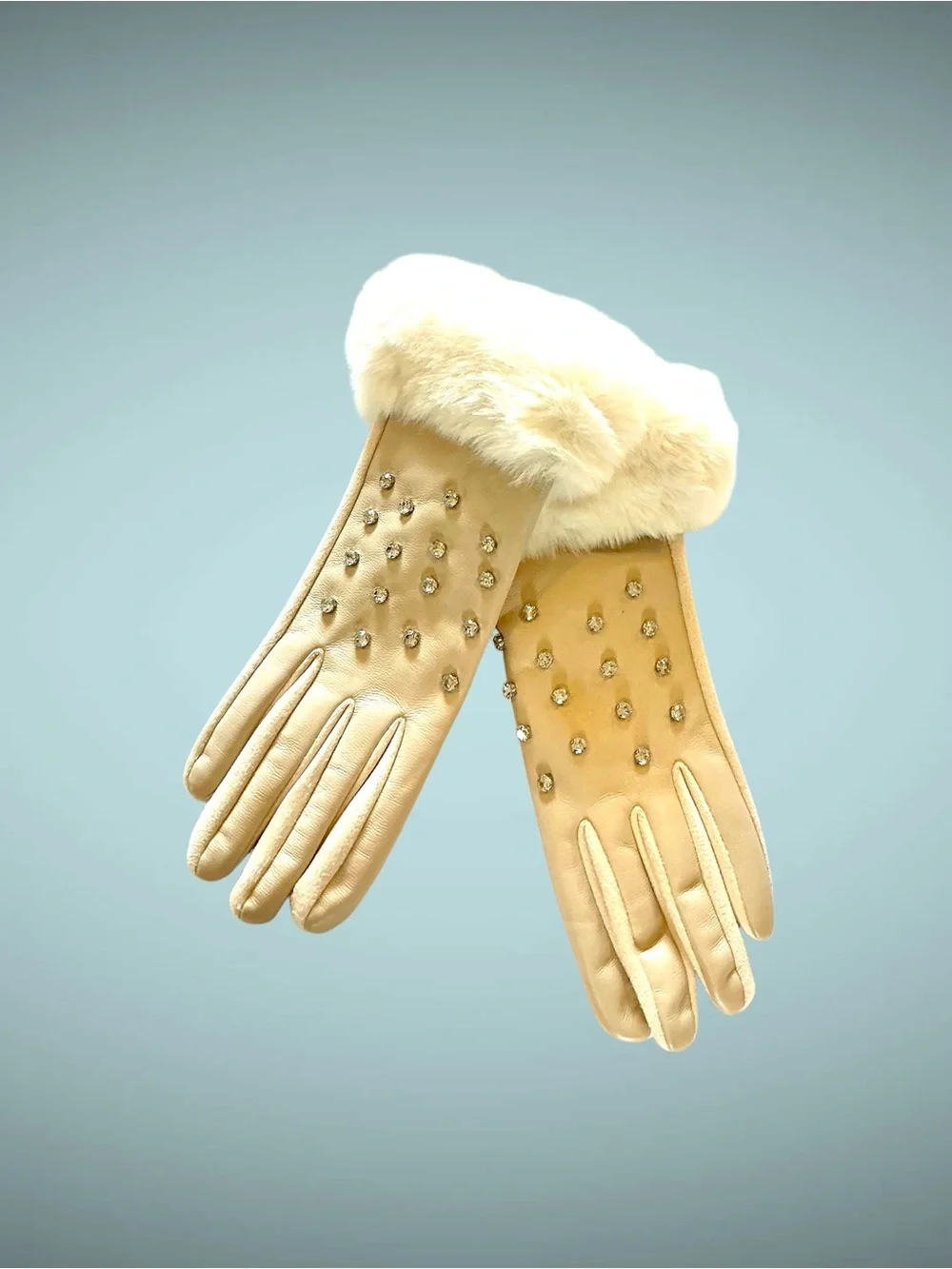 Women's soft Faux Fur Cuff Studded Gloves - Cream size medium